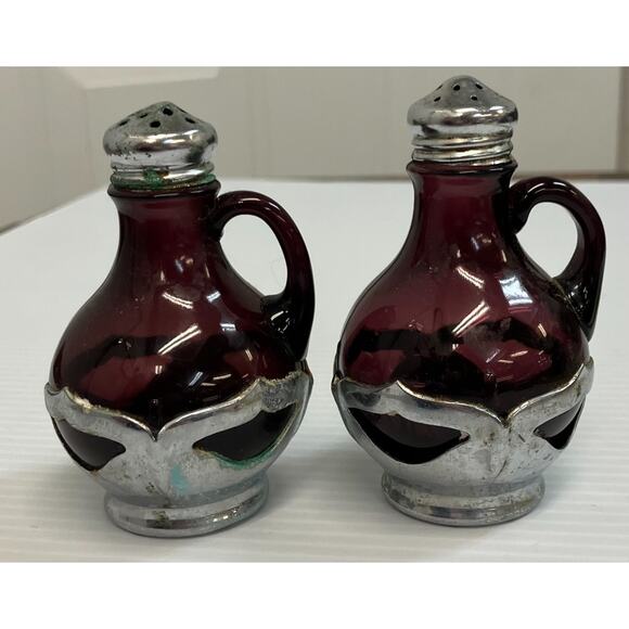1930s Amethyst Cambridge Glass Insert Krome-Kraft Salt & Pepper Shakers AAA3278 - Picture 1 of 16